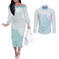 Polynesia Couples Matching Off The Shoulder Long Sleeve Dress and Long Sleeve Button Shirts Plumeria Turquoise Curves LT7 Turquoise - Polynesian Pride