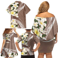 Aloha Hawaii Festive Family Matching Off Shoulder Short Dress and Hawaiian Shirt Frangipani Lace Classic - Beige