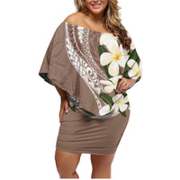 Aloha Hawaii Festive Family Matching Off Shoulder Short Dress and Hawaiian Shirt Frangipani Lace Classic - Beige