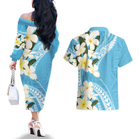 Aloha Hawaii Festive Couples Matching Off The Shoulder Long Sleeve Dress and Hawaiian Shirt Frangipani Lace Classic - Turquoise