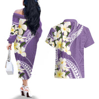 Aloha Hawaii Festive Couples Matching Off The Shoulder Long Sleeve Dress and Hawaiian Shirt Frangipani Lace Classic - Lavender