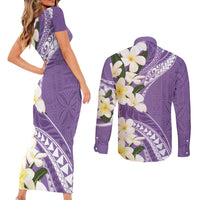 Aloha Hawaii Festive Couples Matching Short Sleeve Bodycon Dress and Long Sleeve Button Shirt Frangipani Lace Classic - Lavender