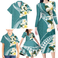Aloha Hawaii Festive Family Matching Long Sleeve Bodycon Dress and Hawaiian Shirt Frangipani Lace Classic - Teal LT7 - Polynesian Pride