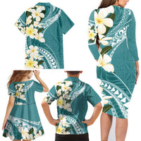 Aloha Hawaii Festive Family Matching Long Sleeve Bodycon Dress and Hawaiian Shirt Frangipani Lace Classic - Teal LT7 - Polynesian Pride