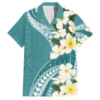 Aloha Hawaii Festive Family Matching Off Shoulder Maxi Dress and Hawaiian Shirt Frangipani Lace Classic - Teal LT7 Dad's Shirt - Short Sleeve Teal - Polynesian Pride