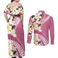 Aloha Hawaii Festive Couples Matching Off Shoulder Maxi Dress and Long Sleeve Button Shirt Frangipani Lace Classic - Rosy