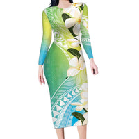 Aloha Hawaii Festive Family Matching Long Sleeve Bodycon Dress and Hawaiian Shirt Frangipani Lace Classic - Summer Vibes LT7 Mom's Dress Blue Green - Polynesian Pride