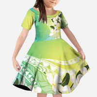 Aloha Hawaii Festive Family Matching Puletasi and Hawaiian Shirt Frangipani Lace Classic - Summer Vibes LT7 Daughter's Dress Blue Green - Polynesian Pride