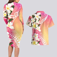 Aloha Hawaii Festive Couples Matching Long Sleeve Bodycon Dress and Hawaiian Shirt Frangipani Lace Classic - Spring Vibes