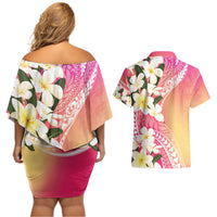 Aloha Hawaii Festive Couples Matching Off Shoulder Short Dress and Hawaiian Shirt Frangipani Lace Classic - Spring Vibes