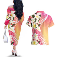 Aloha Hawaii Festive Couples Matching Off The Shoulder Long Sleeve Dress and Hawaiian Shirt Frangipani Lace Classic - Spring Vibes