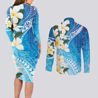 Aloha Hawaii Festive Couples Matching Long Sleeve Bodycon Dress and Long Sleeve Button Shirt Frangipani Lace Classic - Oceanic