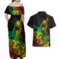 Personalised Reggae Jawaiian Festive Couples Matching Off Shoulder Maxi Dress and Hawaiian Shirt Mix Polynesian