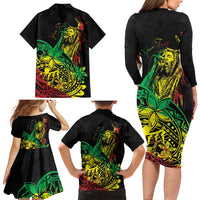 Personalised Reggae Jawaiian Festive Family Matching Long Sleeve Bodycon Dress and Hawaiian Shirt Mix Polynesian