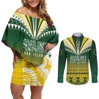 Cook Islands Rugby Custom Couples Matching Off Shoulder Short Dress and Long Sleeve Button Shirt Kuki Avaiki LT7 Yellow Green - Polynesian Pride