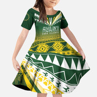 Cook Islands Rugby Custom Family Matching Off The Shoulder Long Sleeve Dress and Hawaiian Shirt Kuki Avaiki LT7 Daughter's Dress Yellow Green - Polynesian Pride