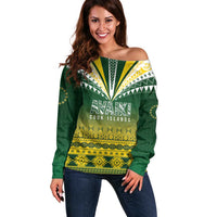 Cook Islands Rugby Custom Off Shoulder Sweater Kuki Avaiki LT7 Women Yellow Green - Polynesian Pride