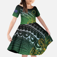 Cook Islands Rugby Kuki Avaiki Family Matching Off Shoulder Maxi Dress and Hawaiian Shirt Tribal Turtle LT7 Daughter's Dress Dark Green - Polynesian Pride