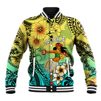 Honolulu Hawaii Baseball Jacket Ilima Plumeria with Hula Girl LT7 Unisex Colorful - Polynesian Pride