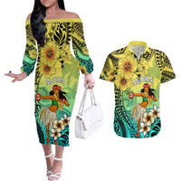 Honolulu Hawaii Couples Matching Off The Shoulder Long Sleeve Dress and Hawaiian Shirt Ilima Plumeria with Hula Girl LT7 Colorful - Polynesian Pride