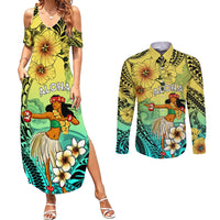 Honolulu Hawaii Couples Matching Summer Maxi Dress and Long Sleeve Button Shirt Ilima Plumeria with Hula Girl LT7 Colorful - Polynesian Pride