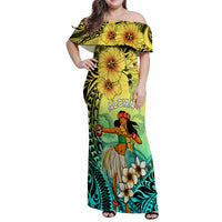 Honolulu Hawaii Family Matching Off Shoulder Maxi Dress and Hawaiian Shirt Ilima Plumeria with Hula Girl LT7 Mom's Dress Colorful - Polynesian Pride