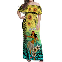Honolulu Hawaii Off Shoulder Maxi Dress Ilima Plumeria with Hula Girl LT7 Women Colorful - Polynesian Pride