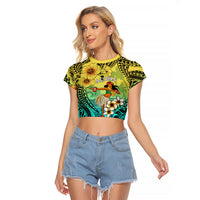 Honolulu Hawaii Raglan Cropped T Shirt Ilima Plumeria with Hula Girl LT7 Female Colorful - Polynesian Pride