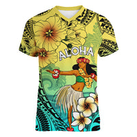Honolulu Hawaii Women V Neck T Shirt Ilima Plumeria with Hula Girl LT7 Female Colorful - Polynesian Pride