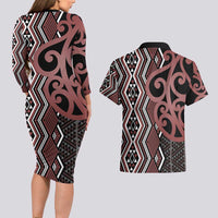 Maori Taniko Patterns Couples Matching Long Sleeve Bodycon Dress and Hawaiian Shirt Brown Patiki Motifs Mix Whakairo Ngaru