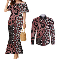 Maori Taniko Patterns Couples Matching Mermaid Dress and Long Sleeve Button Shirt Brown Patiki Motifs Mix Whakairo Ngaru LT7 Brown - Polynesian Pride