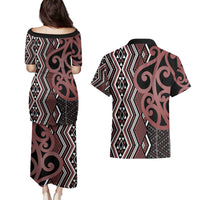 Maori Taniko Patterns Couples Matching Puletasi and Hawaiian Shirt Brown Patiki Motifs Mix Whakairo Ngaru