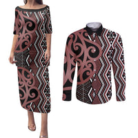 Maori Taniko Patterns Couples Matching Puletasi and Long Sleeve Button Shirt Brown Patiki Motifs Mix Whakairo Ngaru