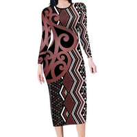 Maori Taniko Patterns Family Matching Long Sleeve Bodycon Dress and Hawaiian Shirt Brown Patiki Motifs Mix Whakairo Ngaru LT7 Mom's Dress Brown - Polynesian Pride