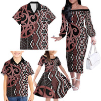 Maori Taniko Patterns Family Matching Off The Shoulder Long Sleeve Dress and Hawaiian Shirt Brown Patiki Motifs Mix Whakairo Ngaru LT7 - Polynesian Pride