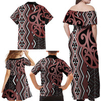 Maori Taniko Patterns Family Matching Off Shoulder Maxi Dress and Hawaiian Shirt Brown Patiki Motifs Mix Whakairo Ngaru