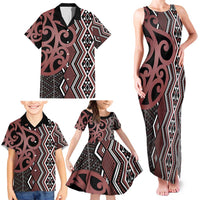 Maori Taniko Patterns Family Matching Tank Maxi Dress and Hawaiian Shirt Brown Patiki Motifs Mix Whakairo Ngaru
