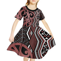 Maori Taniko Patterns Kid Short Sleeve Dress Brown Patiki Motifs Mix Whakairo Ngaru