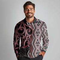 Maori Taniko Patterns Long Sleeve Polo Shirt Brown Patiki Motifs Mix Whakairo Ngaru