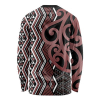 Maori Taniko Patterns Long Sleeve Shirt Brown Patiki Motifs Mix Whakairo Ngaru