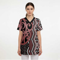 Maori Taniko Patterns Scrub Top Brown Patiki Motifs Mix Whakairo Ngaru - Polynesian Pride