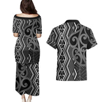 Maori Taniko Patterns Couples Matching Puletasi and Hawaiian Shirt Black Patiki Motifs Mix Whakairo Ngaru