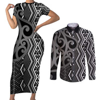 Maori Taniko Patterns Couples Matching Short Sleeve Bodycon Dress and Long Sleeve Button Shirt Black Patiki Motifs Mix Whakairo Ngaru LT7 Black - Polynesian Pride