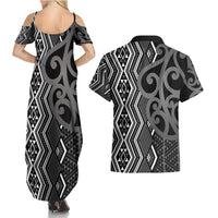 Maori Taniko Patterns Couples Matching Summer Maxi Dress and Hawaiian Shirt Black Patiki Motifs Mix Whakairo Ngaru LT7 - Polynesian Pride