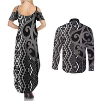 Maori Taniko Patterns Couples Matching Summer Maxi Dress and Long Sleeve Button Shirt Black Patiki Motifs Mix Whakairo Ngaru