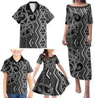 Maori Taniko Patterns Family Matching Puletasi and Hawaiian Shirt Black Patiki Motifs Mix Whakairo Ngaru LT7 - Polynesian Pride