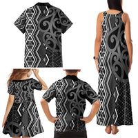 Maori Taniko Patterns Family Matching Tank Maxi Dress and Hawaiian Shirt Black Patiki Motifs Mix Whakairo Ngaru