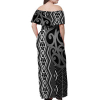 Maori Taniko Patterns Off Shoulder Maxi Dress Black Patiki Motifs Mix Whakairo Ngaru