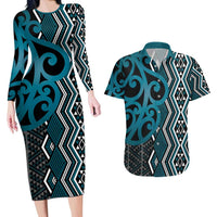 Maori Taniko Patterns Couples Matching Long Sleeve Bodycon Dress and Hawaiian Shirt Azure Patiki Motifs Mix Whakairo Ngaru LT7 Azure - Polynesian Pride