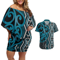 Maori Taniko Patterns Couples Matching Off Shoulder Short Dress and Hawaiian Shirt Azure Patiki Motifs Mix Whakairo Ngaru LT7 Azure - Polynesian Pride